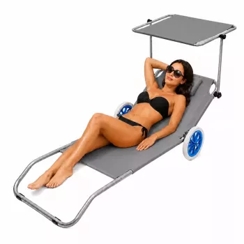 LEAN Garden Beach Deckchair ant ratukų su sulankstomu stogeliu, aliuminis, pilka