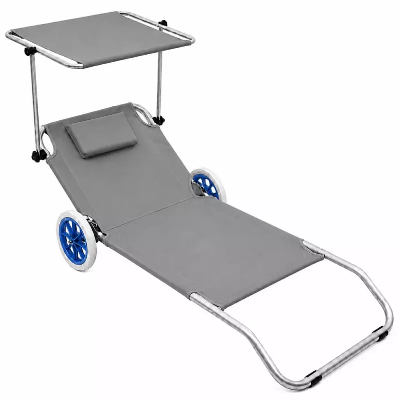 LEAN Garden Beach Deckchair ant ratukų su sulankstomu stogeliu, aliuminis, pilka