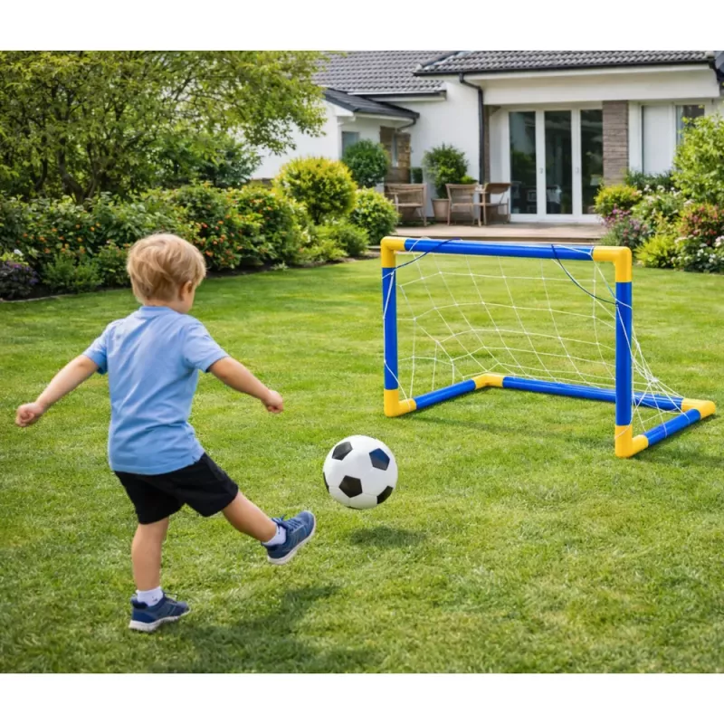 LEAN TOYS Sportinis rinkinys futbolui, vartai, kamuolys, pompa 62x40 cm