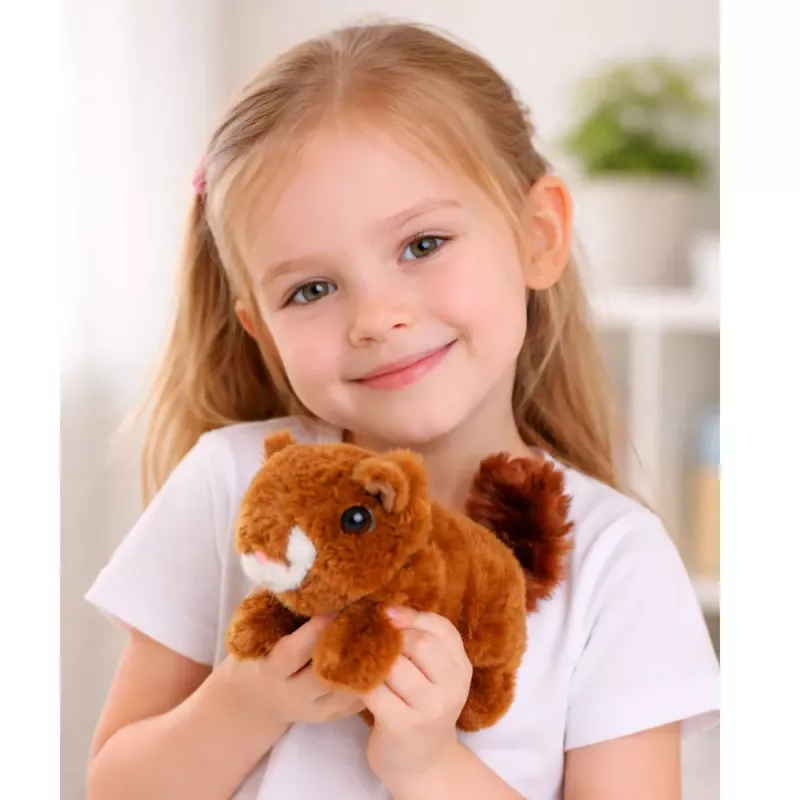 LEAN TOYS Minkštas interaktyvus voveriukas krepšelyje, vaikšto ir skleidžia garsus, rudas