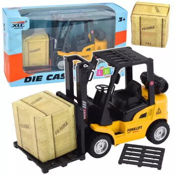 LEAN TOYS Šakinis krautuvas su motorizuotomis metalinėmis šakėmis dėžėms ir padėklams kelti, geltonas