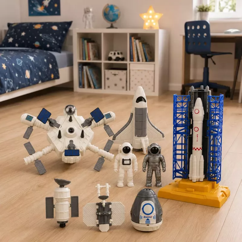LEAN TOYS Kosminė stotis Raketa Šaudykla Palydovai Kosmonautai Šviesos