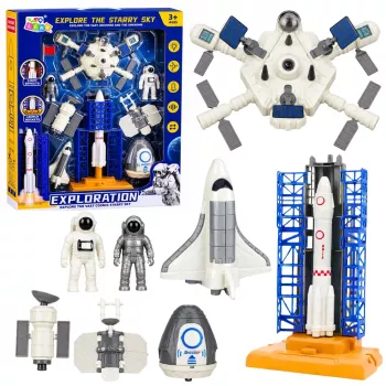 LEAN TOYS Kosminė stotis Raketa Šaudykla Palydovai Kosmonautai Šviesos