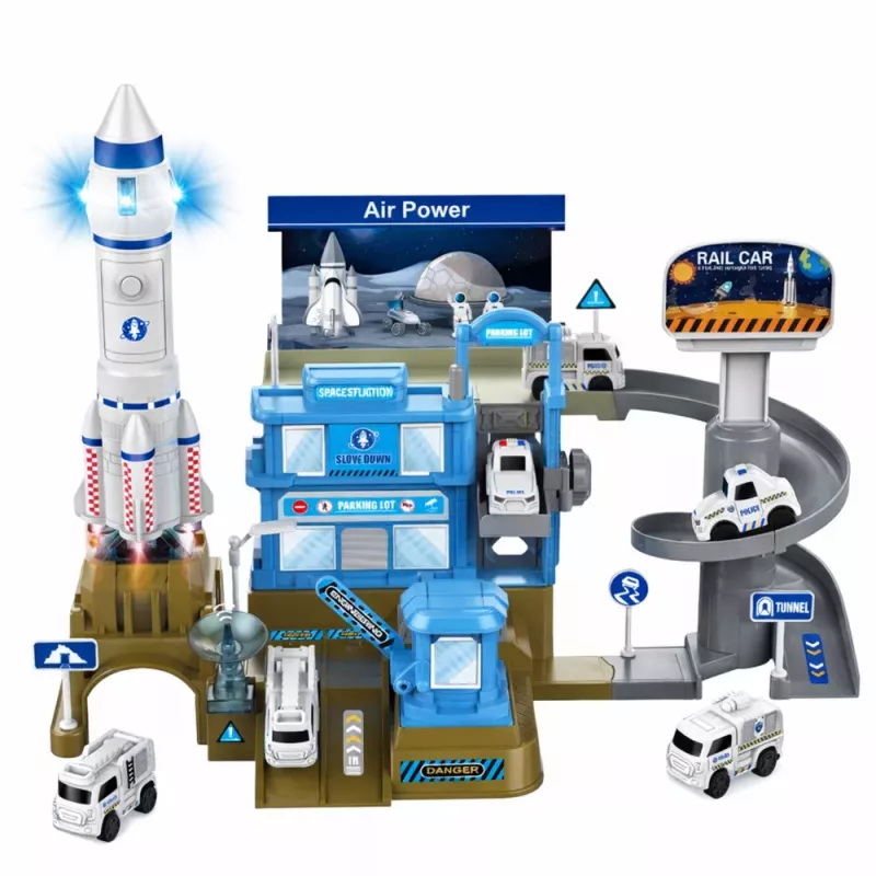 LEAN TOYS Interaktyvi kosminė stotis su automobilių stovėjimo aikštele ir raketa, šviesos ir garsai