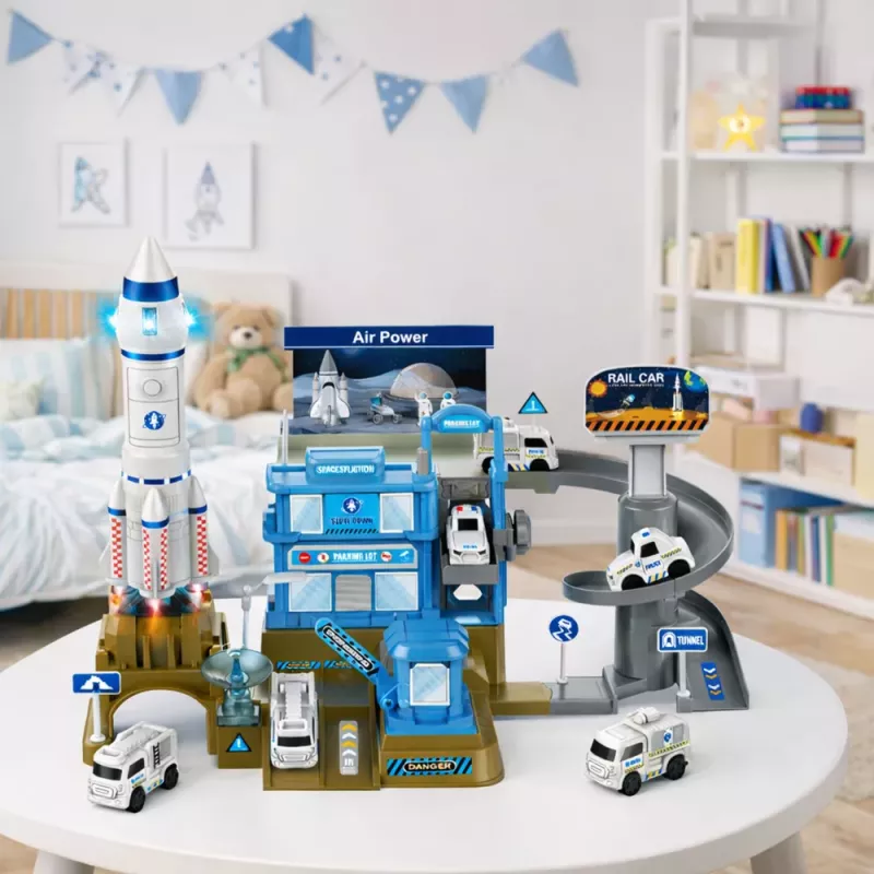LEAN TOYS Interaktyvi kosminė stotis su automobilių stovėjimo aikštele ir raketa, šviesos ir garsai