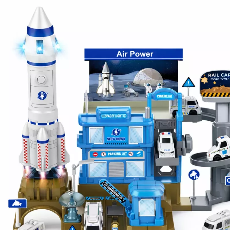 LEAN TOYS Interaktyvi kosminė stotis su automobilių stovėjimo aikštele ir raketa, šviesos ir garsai