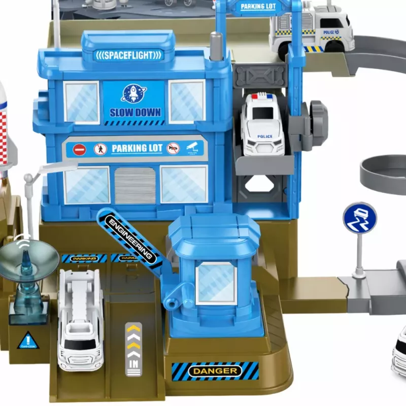 LEAN TOYS Interaktyvi kosminė stotis su automobilių stovėjimo aikštele ir raketa, šviesos ir garsai