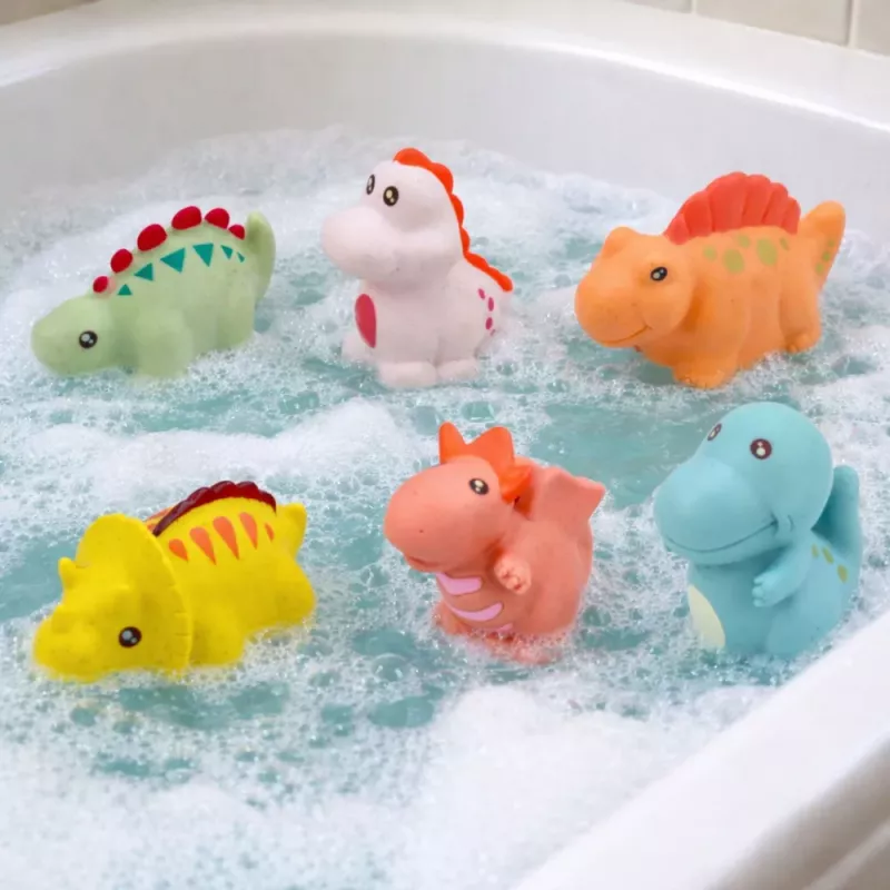 LEAN TOYS Edukacinių guminių dinozaurų rinkinys maudynėms, pasteliniai žaidimai, 6 vnt.