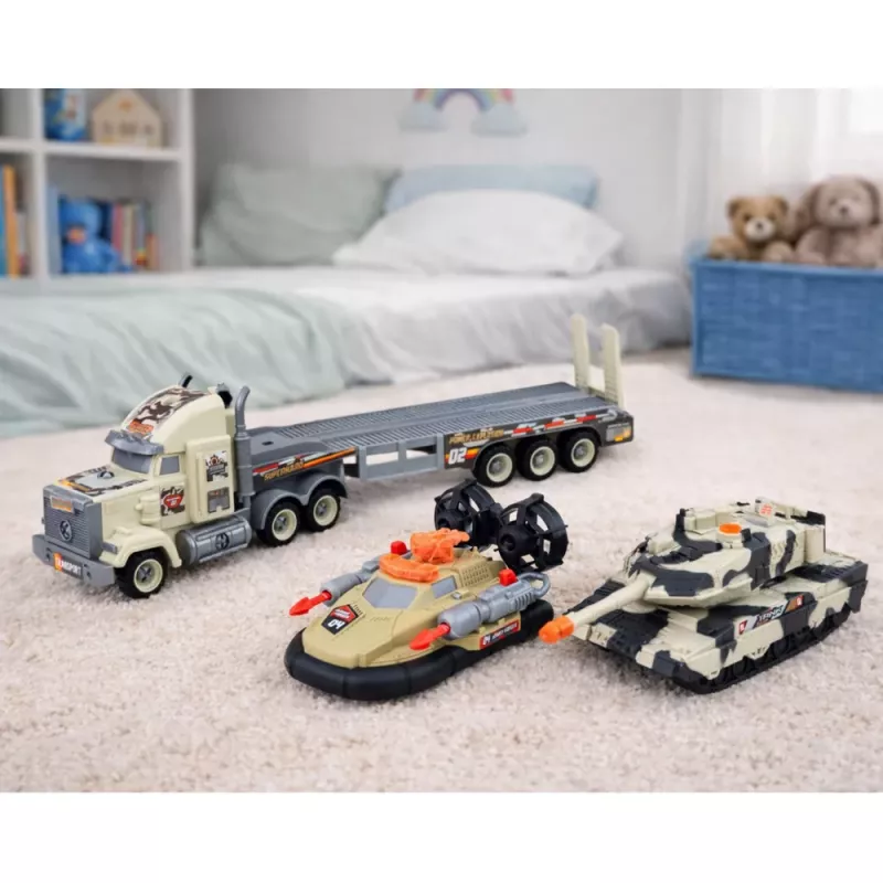 LEAN TOYS Karinis rinkinys: armijos sunkvežimis, tankas, sraigtasparnis ir kareivis