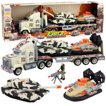 LEAN TOYS Karinis rinkinys: armijos sunkvežimis, tankas, sraigtasparnis ir kareivis