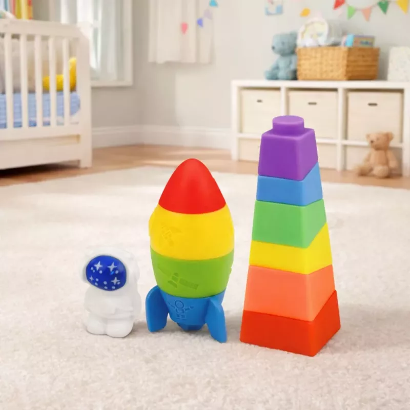 LEAN TOYS Guminių kaladėlių rinkinys „Bokštas Raketa Kosmonautas“ spalvingas, 11 vnt.
