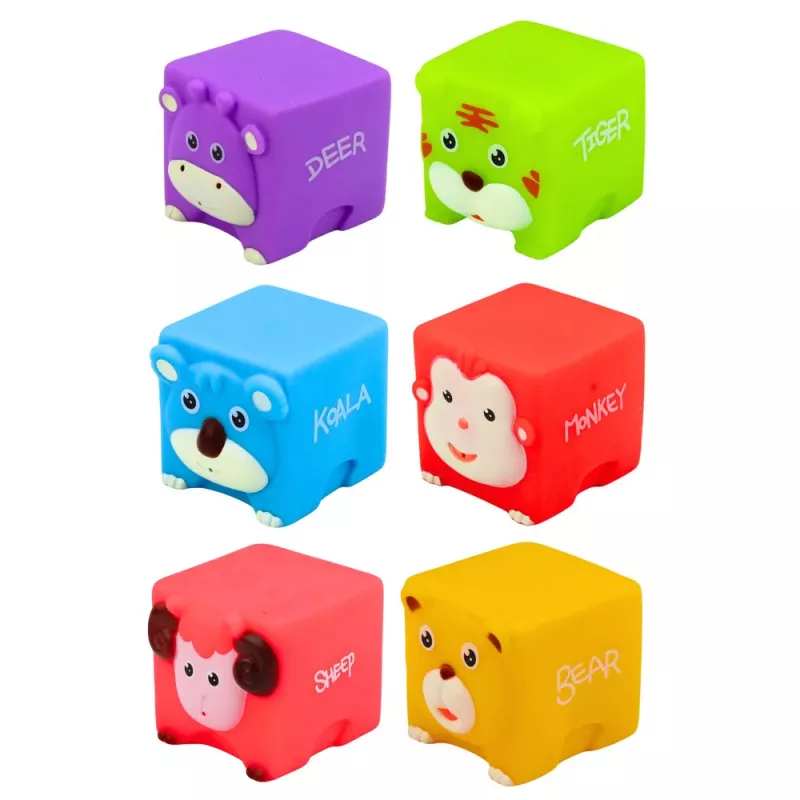 LEAN TOYS Minkštų guminių kaladėlių rinkinys, edukaciniai, gyvūnėliai, spalvingi, 6 vnt.