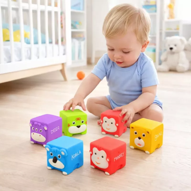 LEAN TOYS Minkštų guminių kaladėlių rinkinys, edukaciniai, gyvūnėliai, spalvingi, 6 vnt.