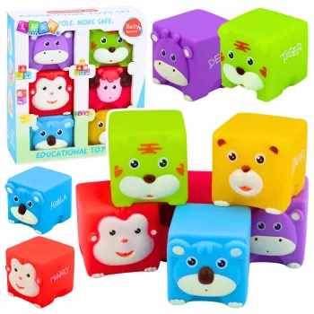 LEAN TOYS Minkštų guminių kaladėlių rinkinys, edukaciniai, gyvūnėliai, spalvingi, 6 vnt.
