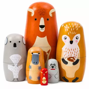 LEAN TOYS Medinių matrioškų rinkinys Dėlionė Miško gyvūnai 6 vnt.