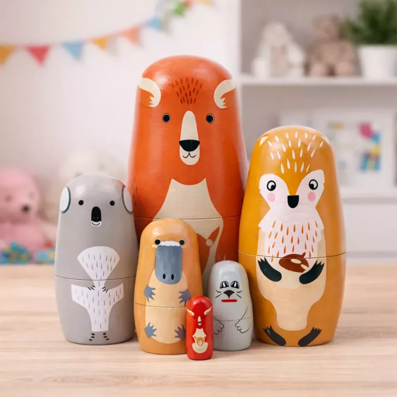 LEAN TOYS Medinių matrioškų rinkinys Dėlionė Miško gyvūnai 6 vnt.