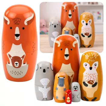 LEAN TOYS Medinių matrioškų rinkinys Dėlionė Miško gyvūnai 6 vnt.
