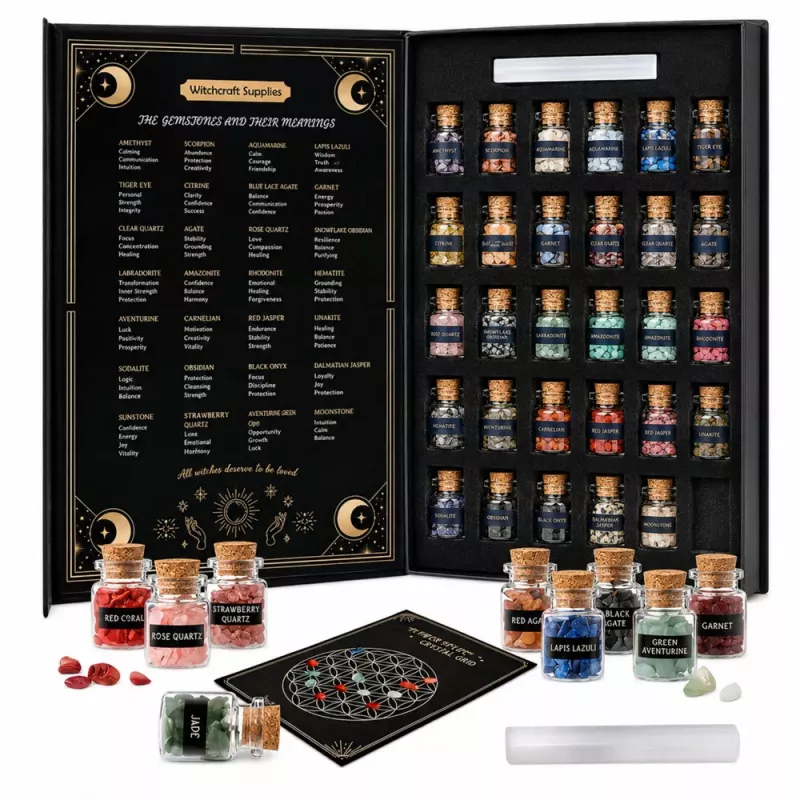 LEAN TOYS Rinkinys „Kristalai, mineralai ir brangakmeniai stiklainiuose“ su knyga, 30 vnt.