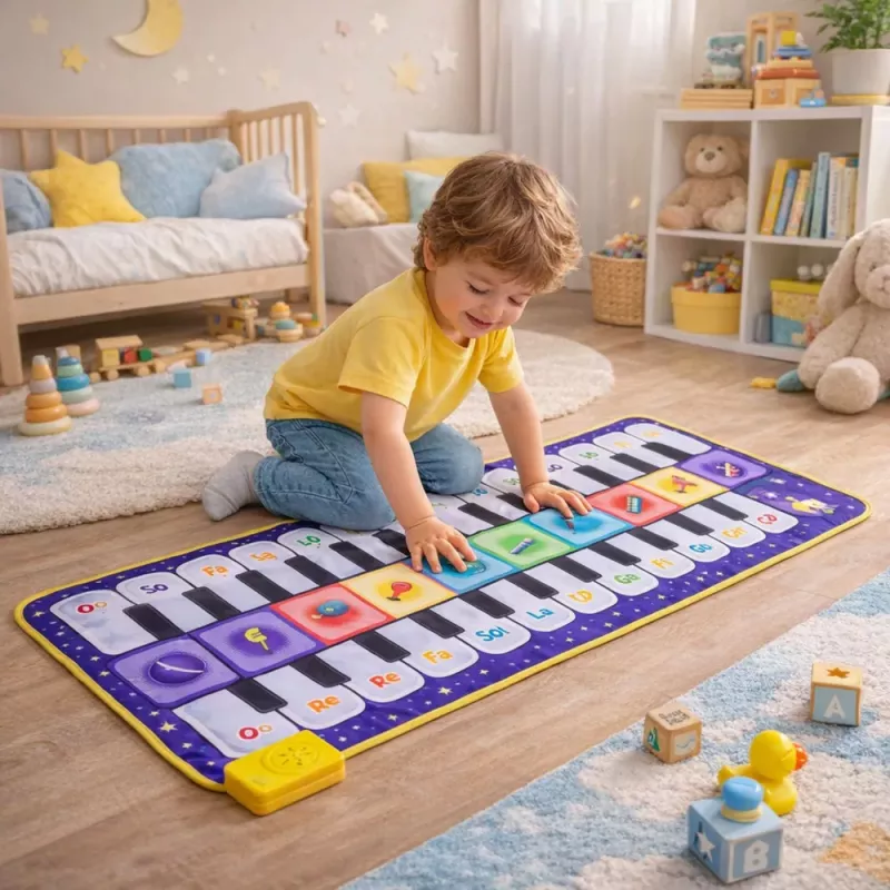 LEAN TOYS Muzikinis edukacinis šokių kilimėlis su interaktyviu pianinu Kosmosas 120 x 48 cm