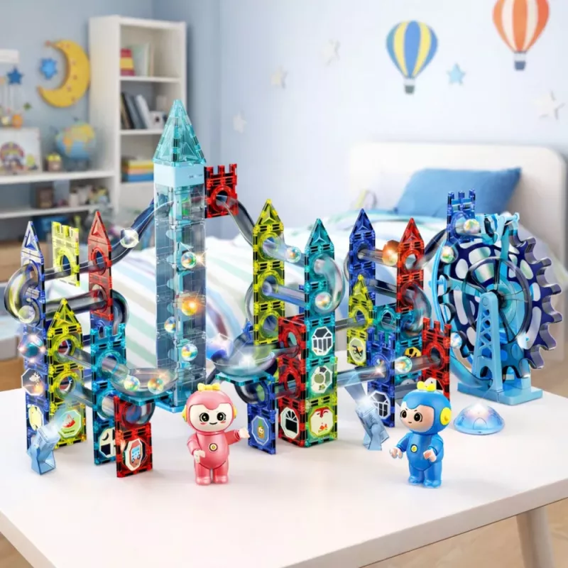 LEAN TOYS Magnetinių blokelių rinkinys su kamuoliukų trasa ir malūno ratu, 118 dalių