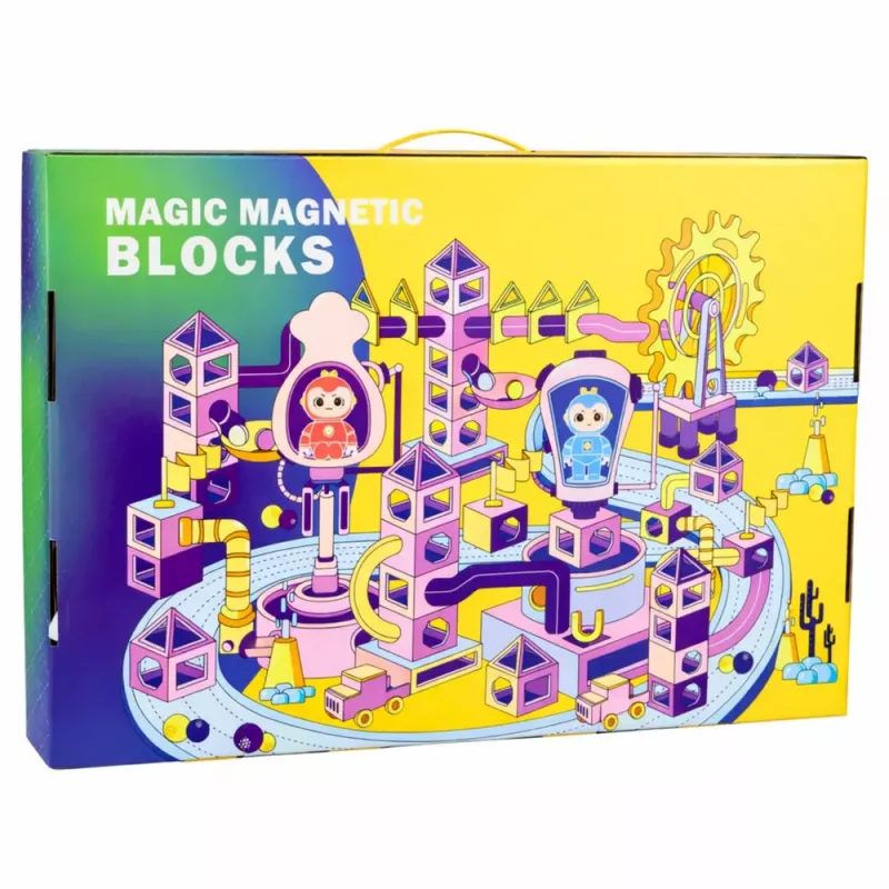 LEAN TOYS Magnetinių blokelių rinkinys su kamuoliukų trasa ir malūno ratu, 118 dalių