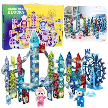 LEAN TOYS Magnetinių blokelių rinkinys su kamuoliukų trasa ir malūno ratu, 118 dalių
