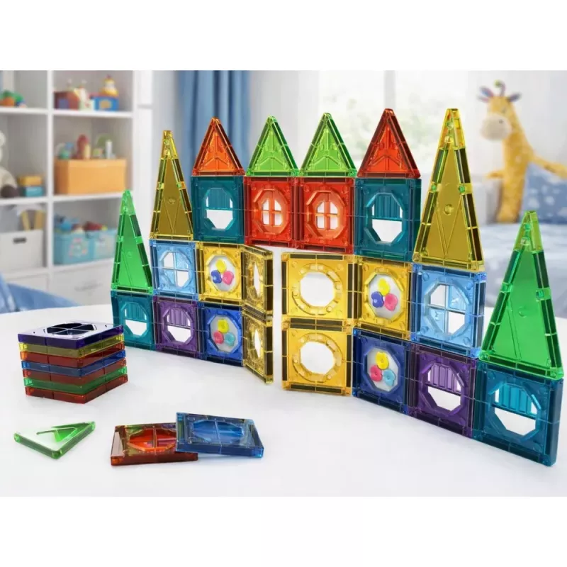 LEAN TOYS Magnetinių konstrukcinių blokų rinkinys su 3D langais, spalvotomis plokštėmis, 56 vnt.