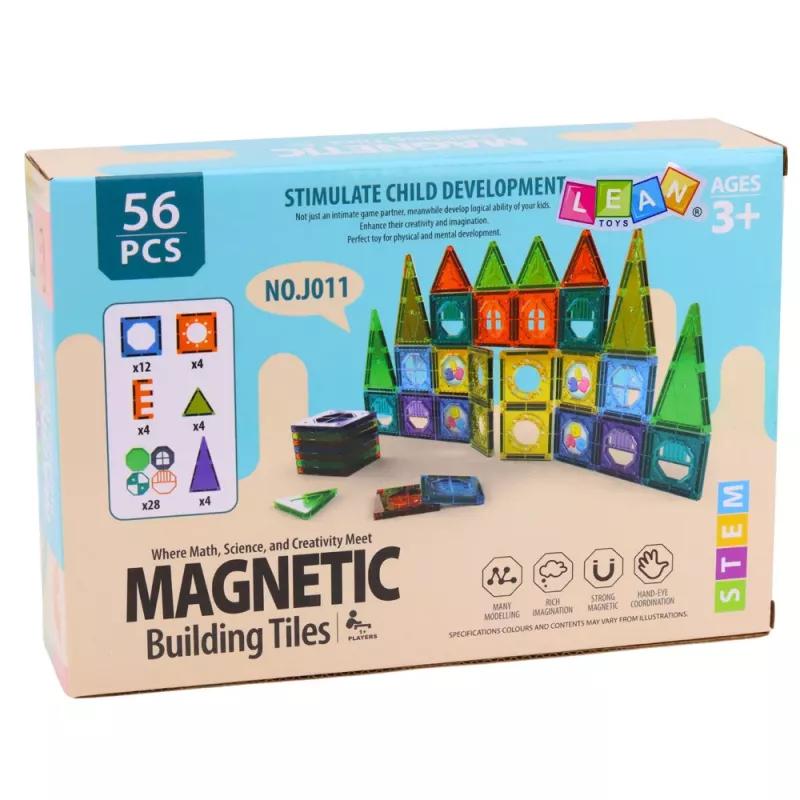 LEAN TOYS Magnetinių konstrukcinių blokų rinkinys su 3D langais, spalvotomis plokštėmis, 56 vnt.