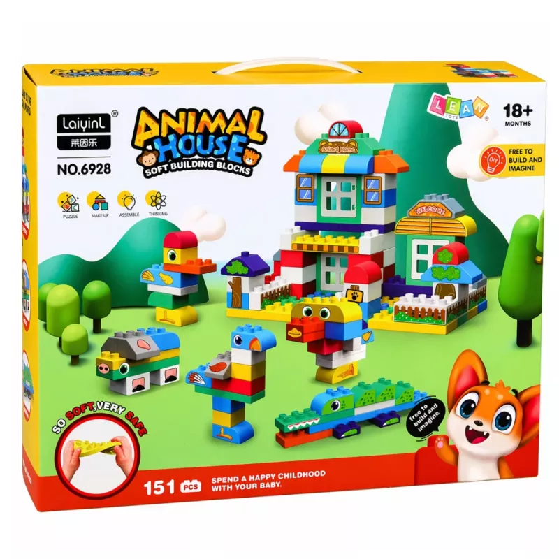LEAN TOYS Minkšti sensoriniai silikoniniai konstravimo blokeliai Animal House 151 vnt.
