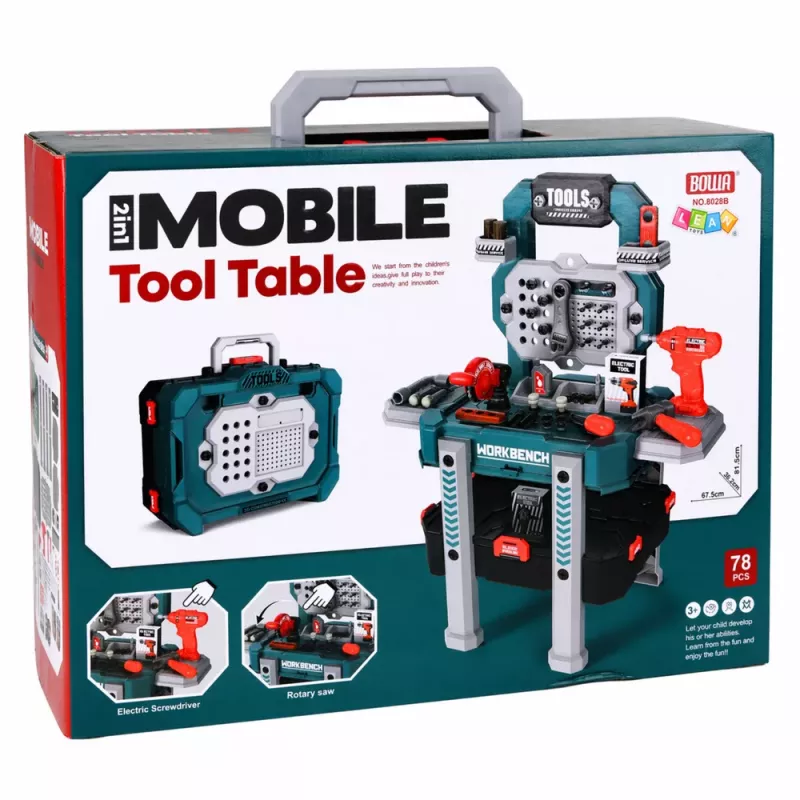 LEAN TOYS DIY rinkinys 2-in-1 Įrankių stalas Lagaminas Dirbtuvės Atsuktuvas 78 vnt.