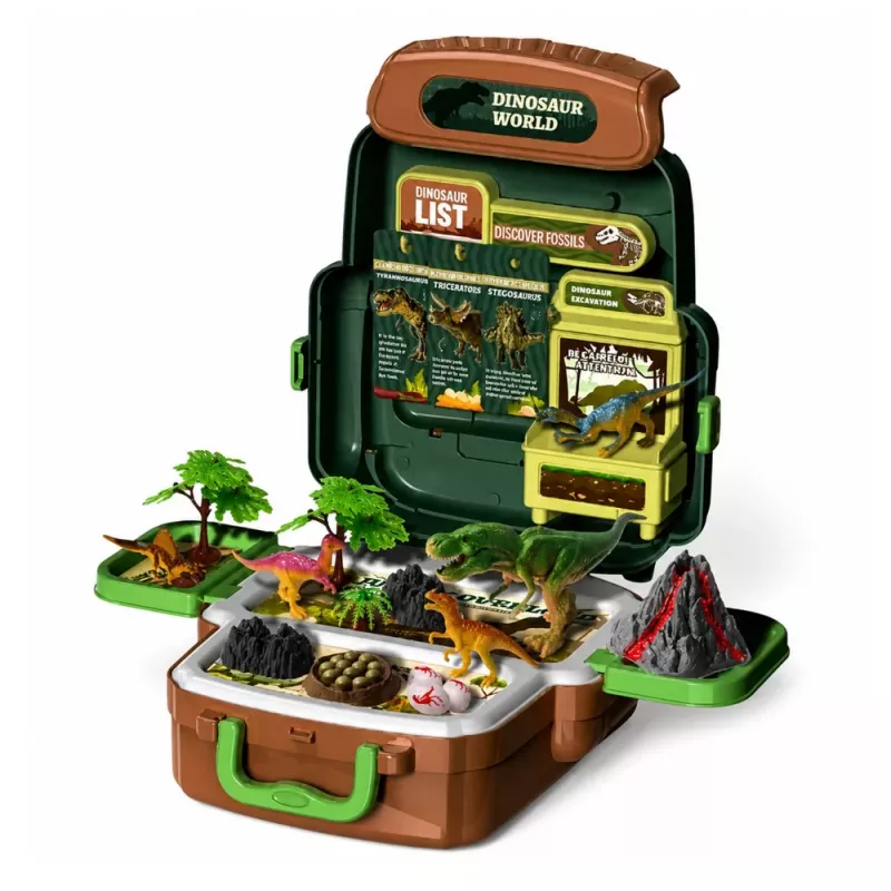 LEAN TOYS Dinozaurų rinkinys kuprinėje, lagaminėlyje, figūrėlės, mokomosios kortelės, aksesuarai, 30 vnt.