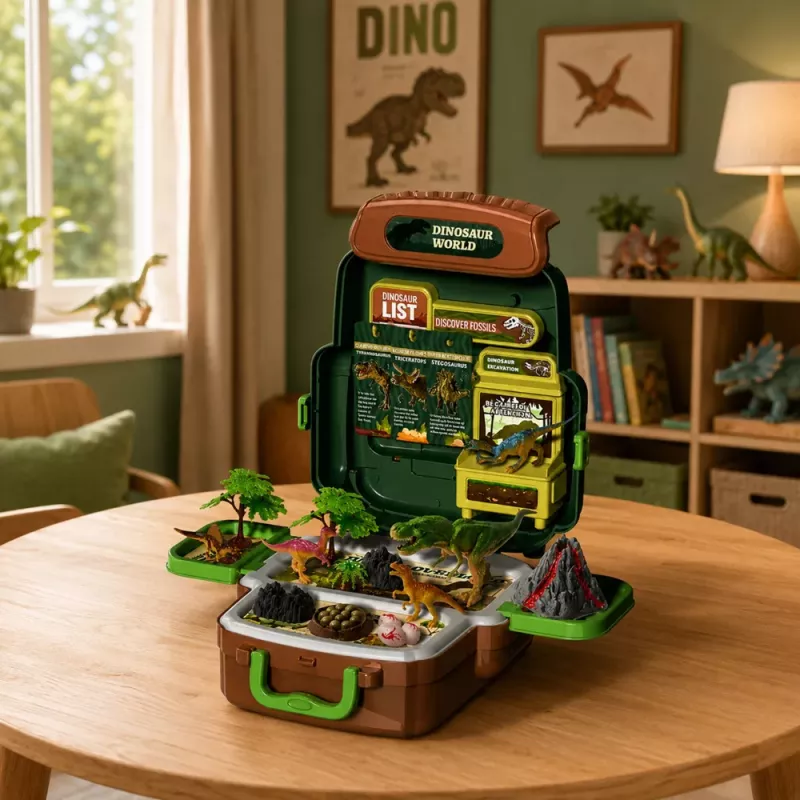 LEAN TOYS Dinozaurų rinkinys kuprinėje, lagaminėlyje, figūrėlės, mokomosios kortelės, aksesuarai, 30 vnt.