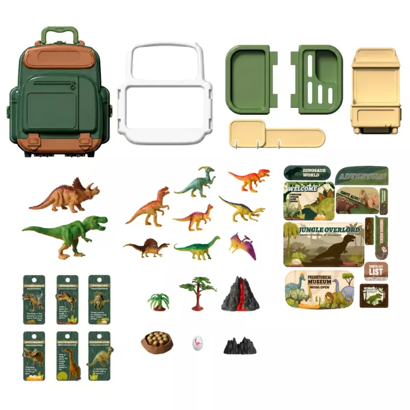 LEAN TOYS Dinozaurų rinkinys kuprinėje, lagaminėlyje, figūrėlės, mokomosios kortelės, aksesuarai, 30 vnt.