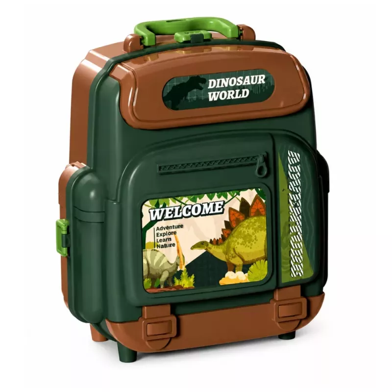 LEAN TOYS Dinozaurų rinkinys kuprinėje, lagaminėlyje, figūrėlės, mokomosios kortelės, aksesuarai, 30 vnt.