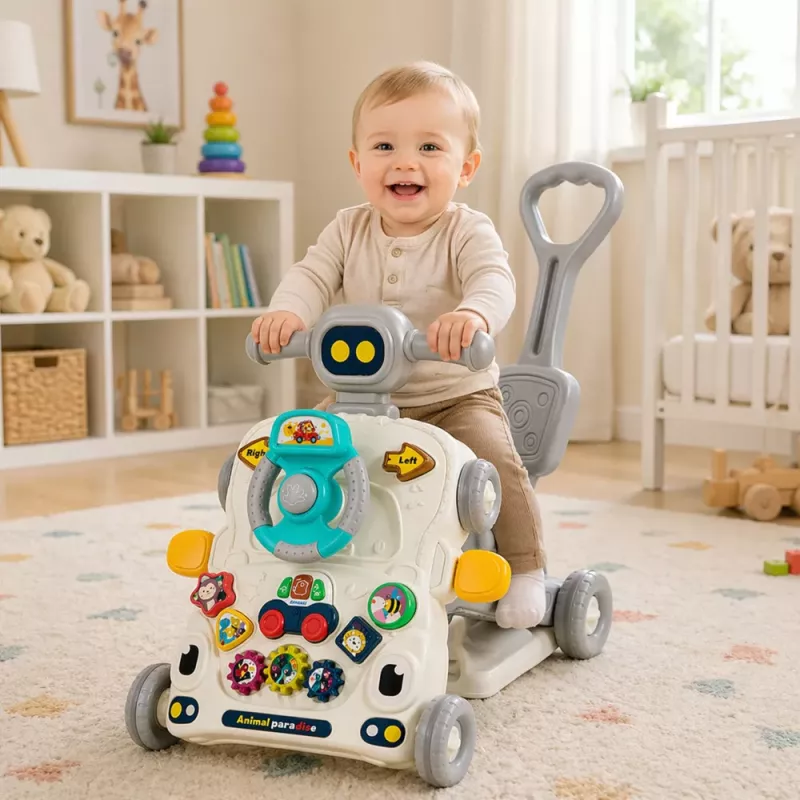 LEAN TOYS Interaktyvus edukacinis 5-in-1 dviratis, stumtuvas, stalas, paspirtukas pilkas