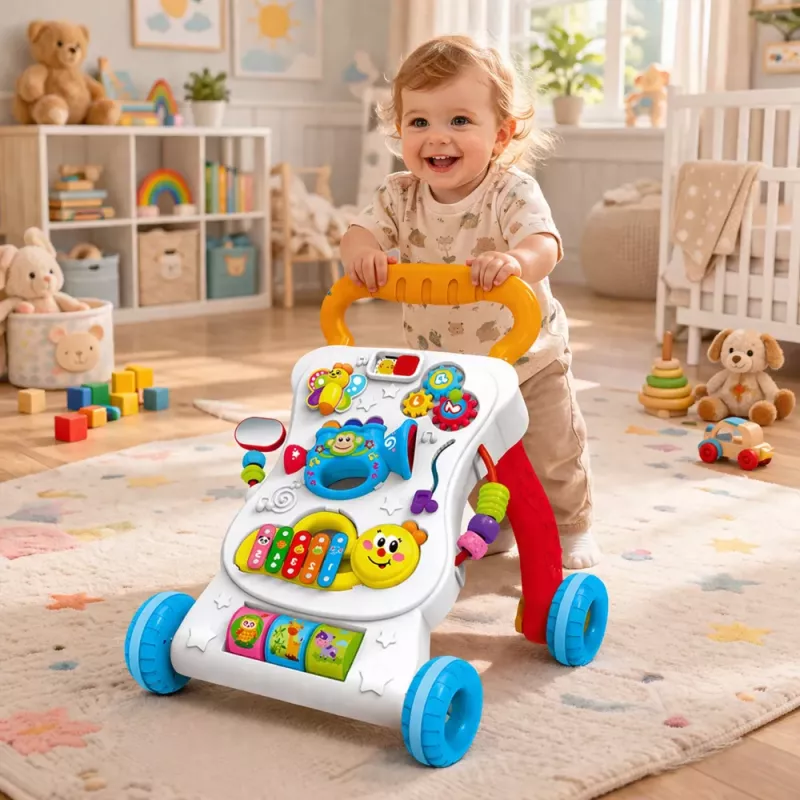 LEAN TOYS Stūmiamas vaikštynė su edukaciniu muzikiniu skydeliu 3v1 Garsai