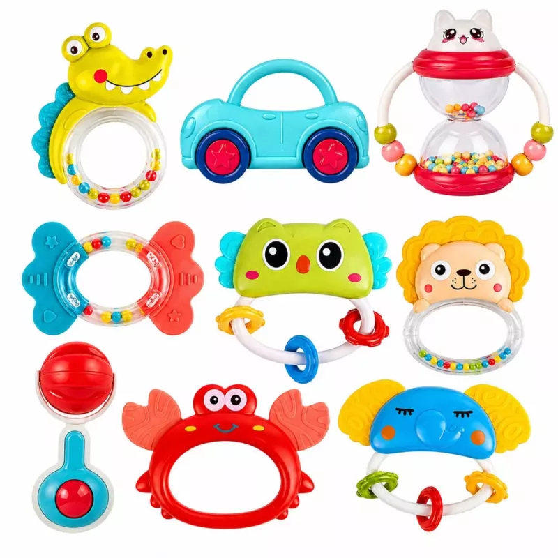 LEAN TOYS Rinkinys barškučių, dantukų dildymo žaislų, žaislų mažiems vaikams, spalvingų, judančių, 9 vnt.