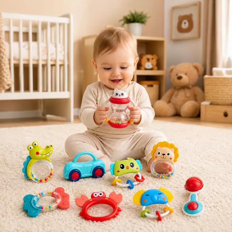 LEAN TOYS Rinkinys barškučių, dantukų dildymo žaislų, žaislų mažiems vaikams, spalvingų, judančių, 9 vnt.