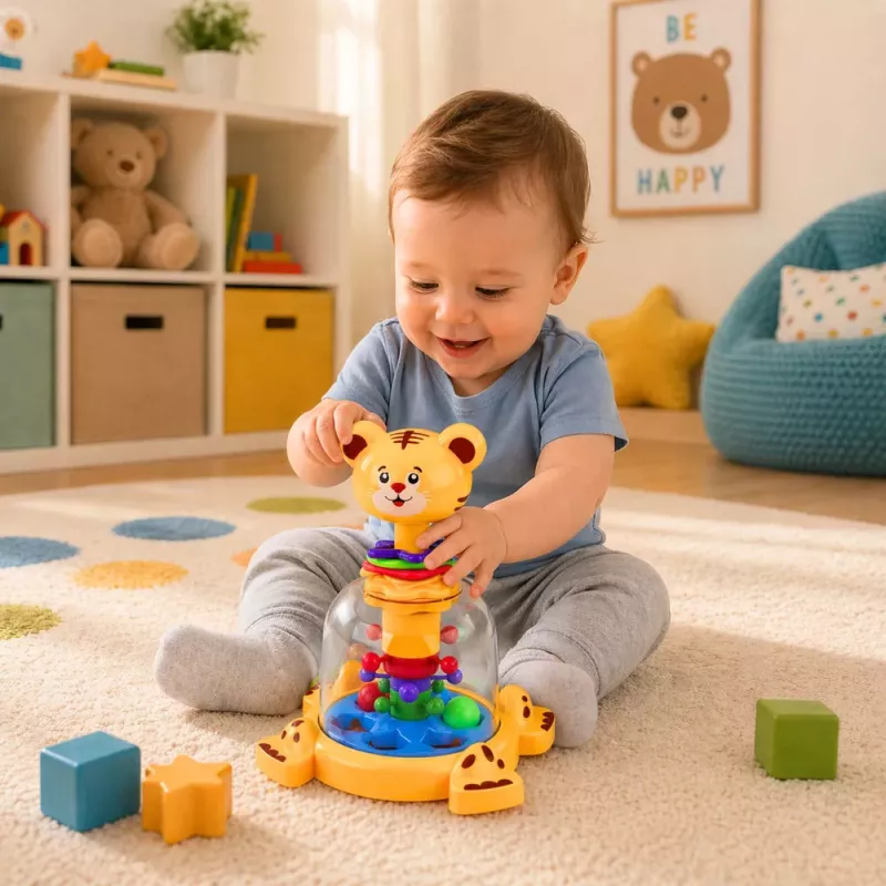 LEAN TOYS Interaktyvi Tigro Katino Suktukė su Sukamaisiais Rutuliais Kūdikiams