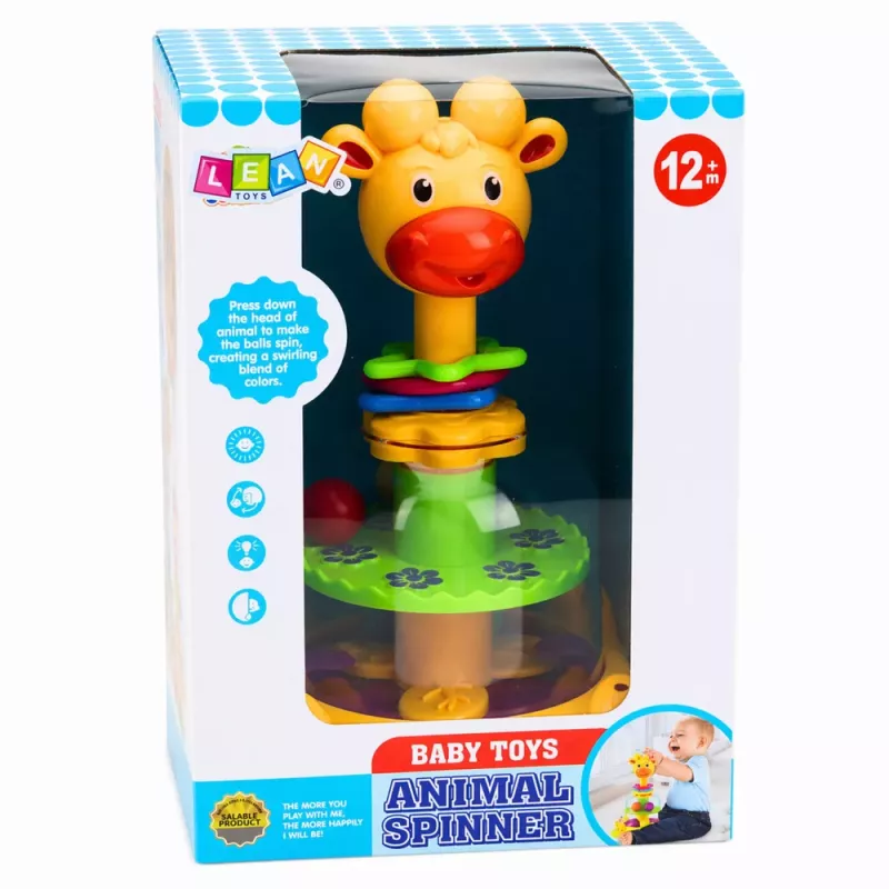 LEAN TOYS Interaktyvi žirafos suktukas su besisukančiais kamuoliukais kūdikiams