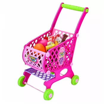 LEAN TOYS Didelis prekių krepšelis vaikams su bakalėjos prekėmis, rožinis, 52 cm, 46 vnt.