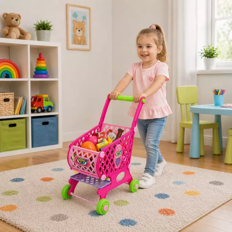 LEAN TOYS Didelis prekių krepšelis vaikams su bakalėjos prekėmis, rožinis, 52 cm, 46 vnt.