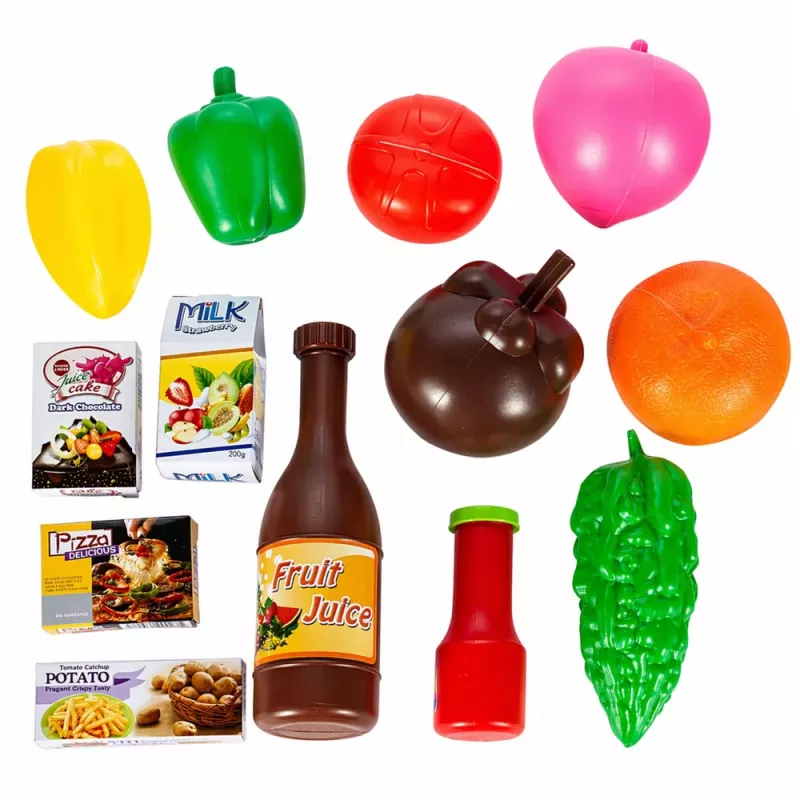 LEAN TOYS Didelis prekių krepšelis vaikams su bakalėjos prekėmis, rožinis, 52 cm, 46 vnt.