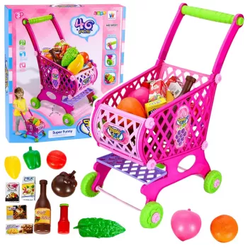 LEAN TOYS Didelis prekių krepšelis vaikams su bakalėjos prekėmis, rožinis, 52 cm, 46 vnt.