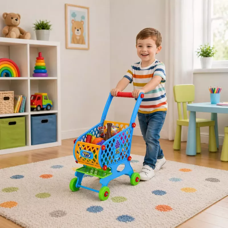 LEAN TOYS Didelis prekių krepšelis vaikams su bakalėjomis mėlynas 52cm 46 vnt.