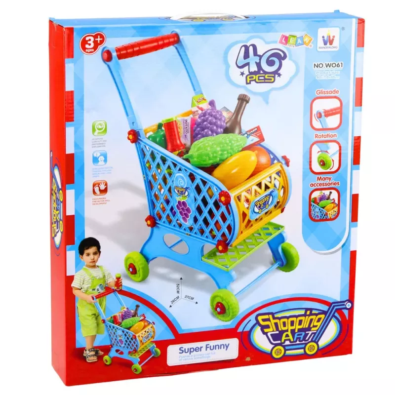 LEAN TOYS Didelis prekių krepšelis vaikams su bakalėjomis mėlynas 52cm 46 vnt.