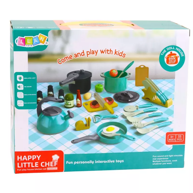 LEAN TOYS Little Chef's Set - Virtuviniai puodai, indai, virdulys, turkio spalvos, 33 dalys