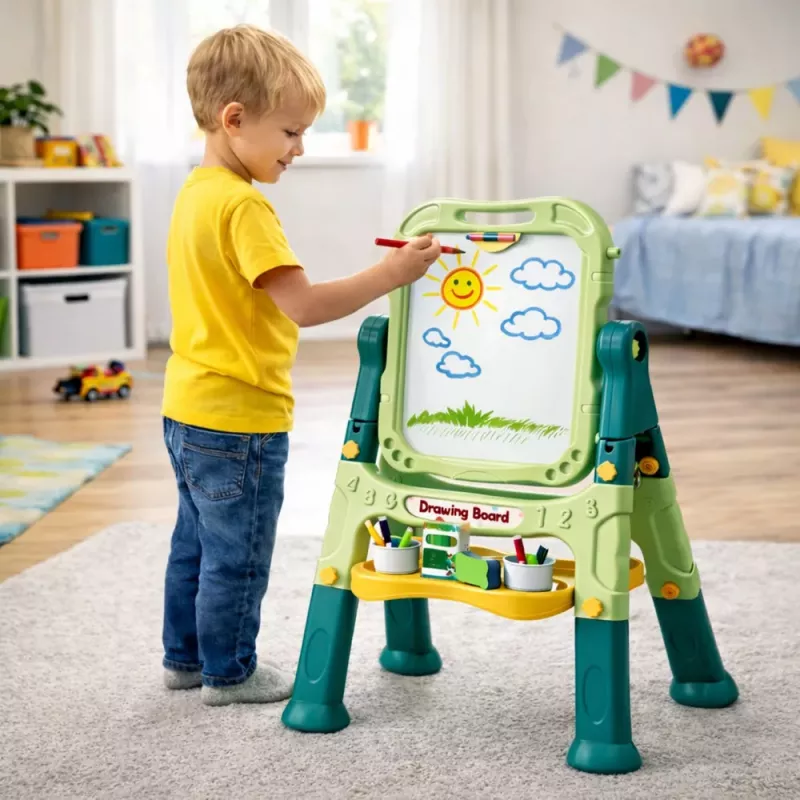 LEAN TOYS Dvipusė magnetinė sauso trynimo ir kreidinė lenta su magnetukais ir kreidelėmis, 48 vnt.