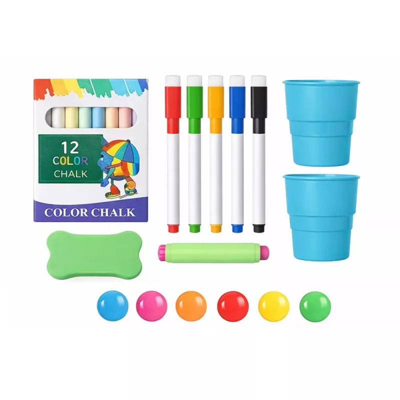 LEAN TOYS Dvipusė magnetinė sauso trynimo ir kreidinė lenta su magnetukais ir kreidelėmis, 48 vnt.