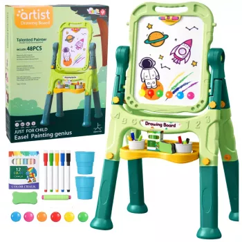 LEAN TOYS Dvipusė magnetinė sauso trynimo ir kreidinė lenta su magnetukais ir kreidelėmis, 48 vnt.